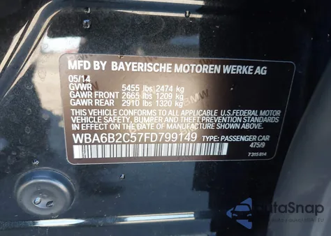 2015 BMW 650I Gran Coupe из США, поврежденный, VIN WBA6B2C57FD799149